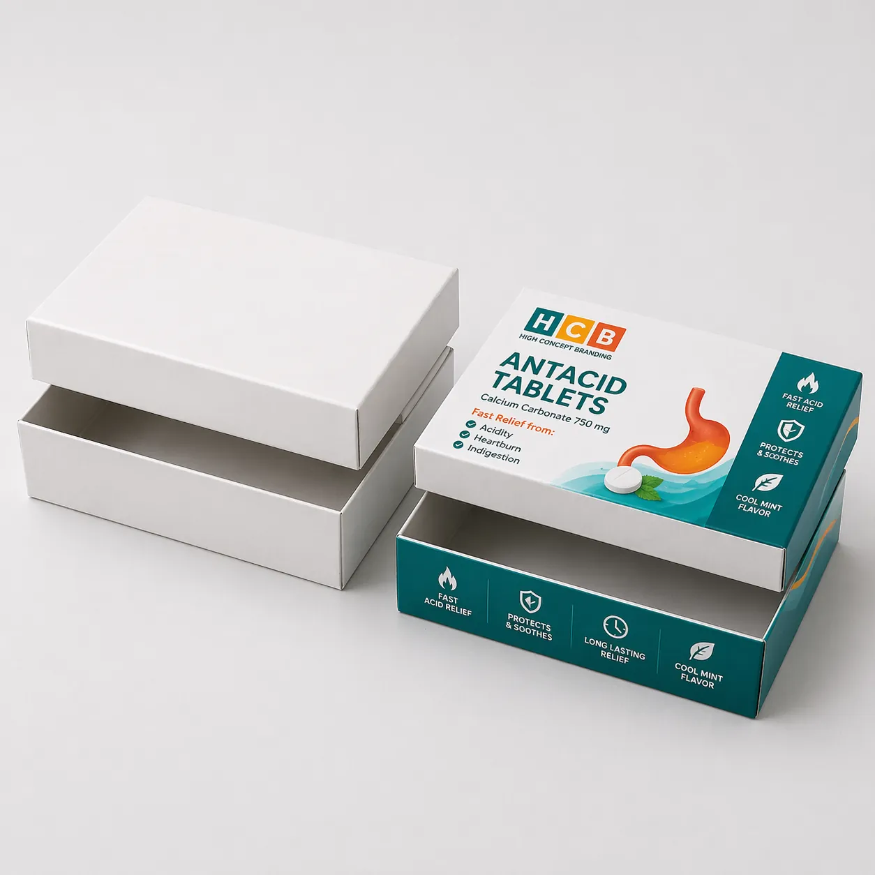 Two vertical retail boxes, one plain white and one featuring orange citrus themed antacid branding. class=